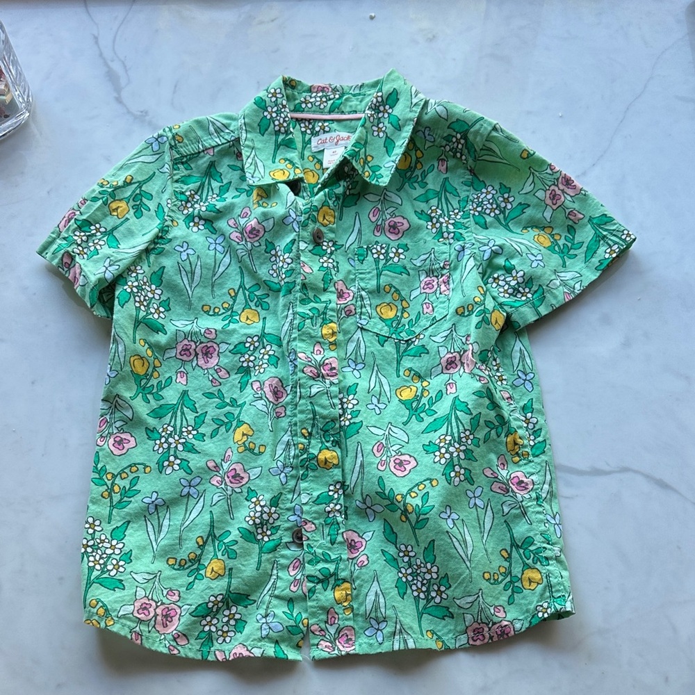 Cat & Jack Mint Green Floral Button-Down Shirt with Yellow & Pink Accents